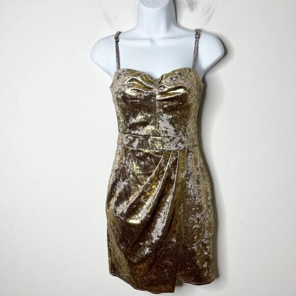 Zara Women's Mini Dress XS Burnished Gold Metallic Velvet Faux Wrap Sleeveless - Picture 3 of 8